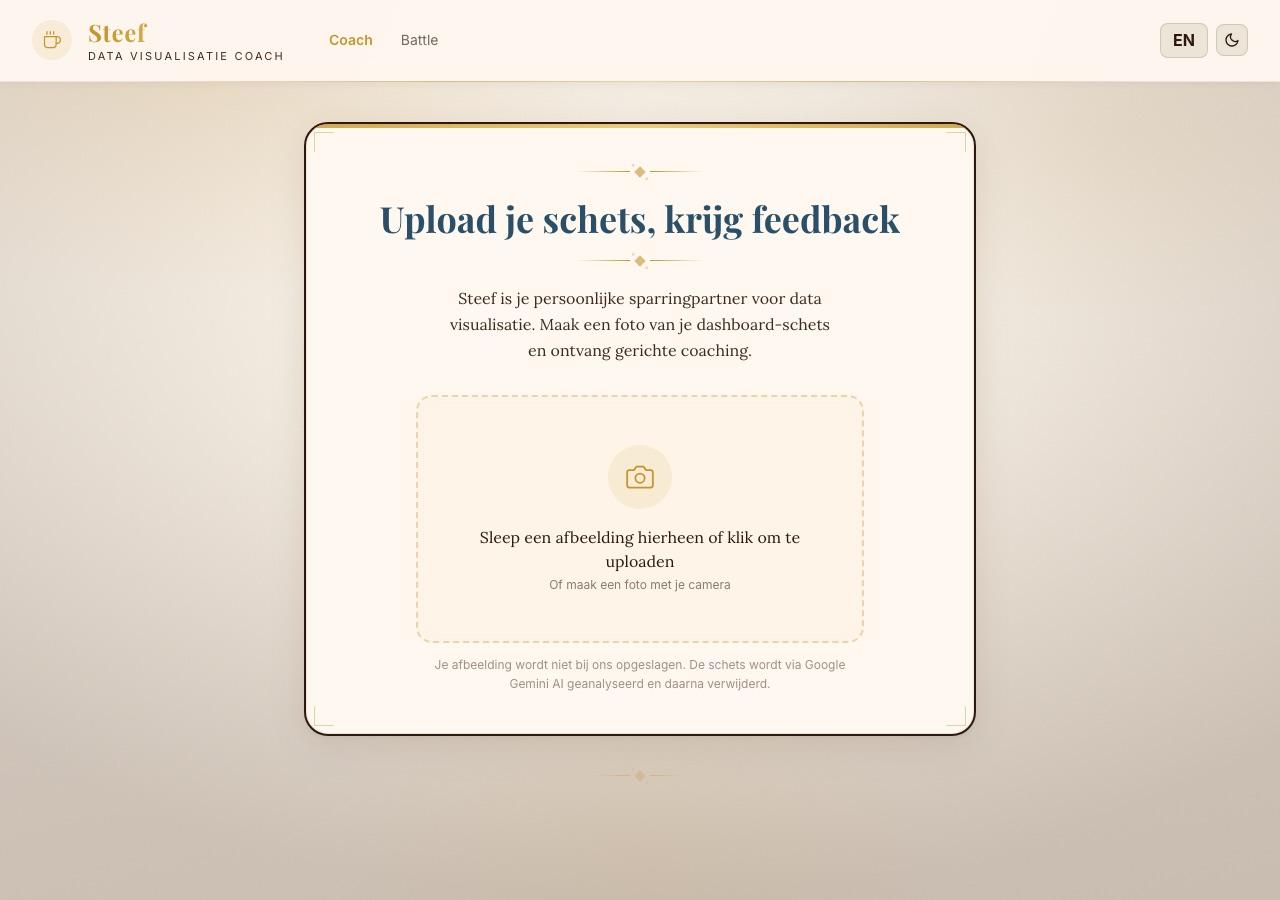 Steef’s coach screen, where you upload a sketch for feedback