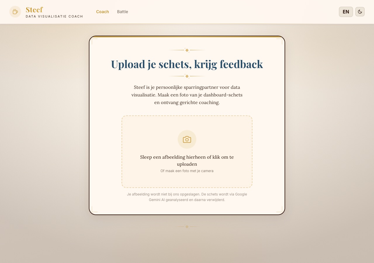Het coach-scherm van Steef, waar je een schets uploadt voor feedback